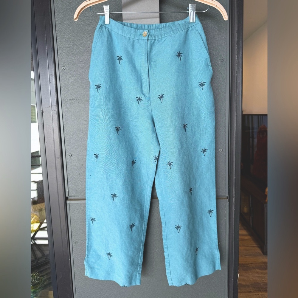 Palm Tree Embroidered Linen Pants
